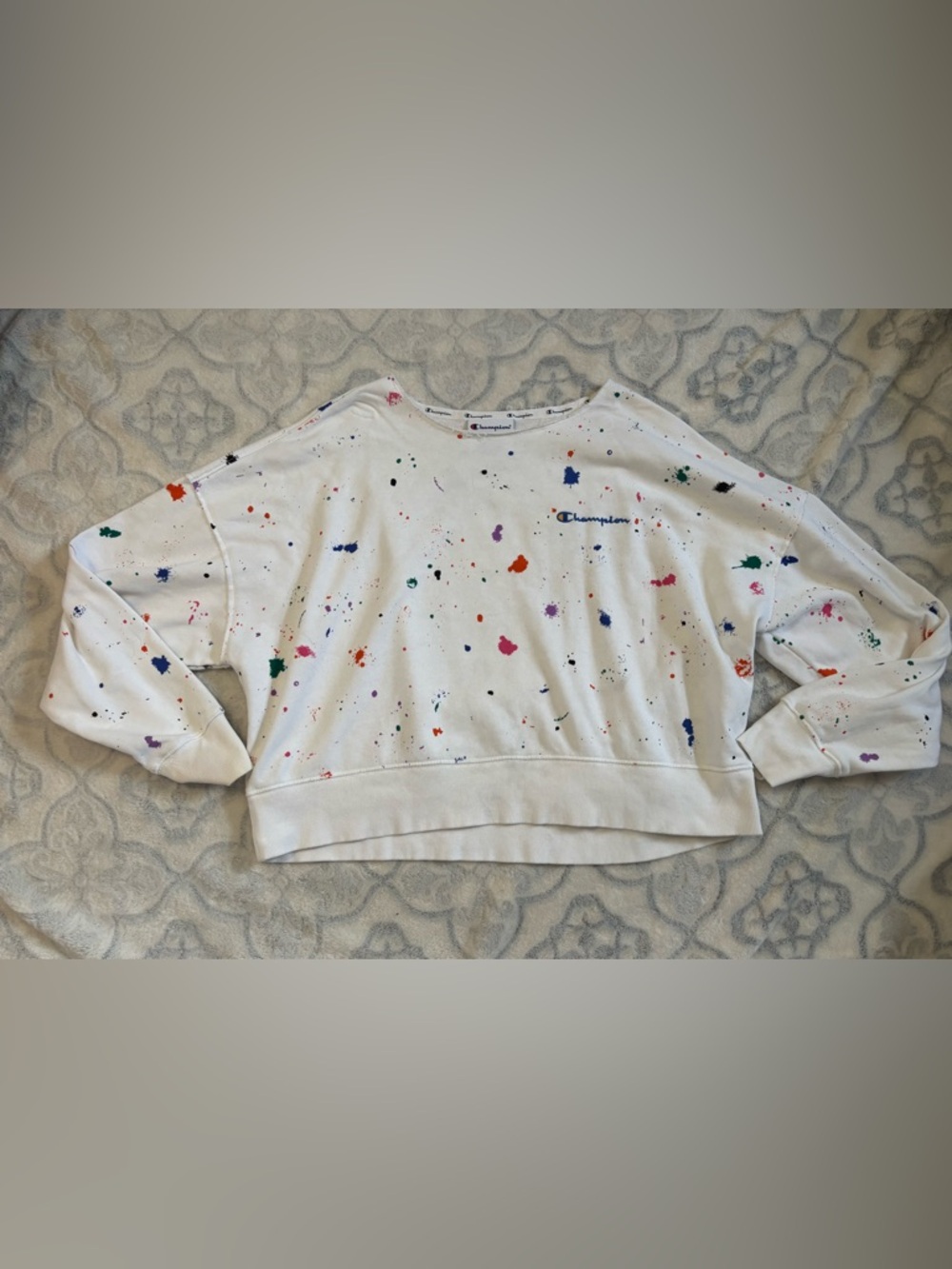 Champion White Crewneck Sweatshirt with Paint Splat Details